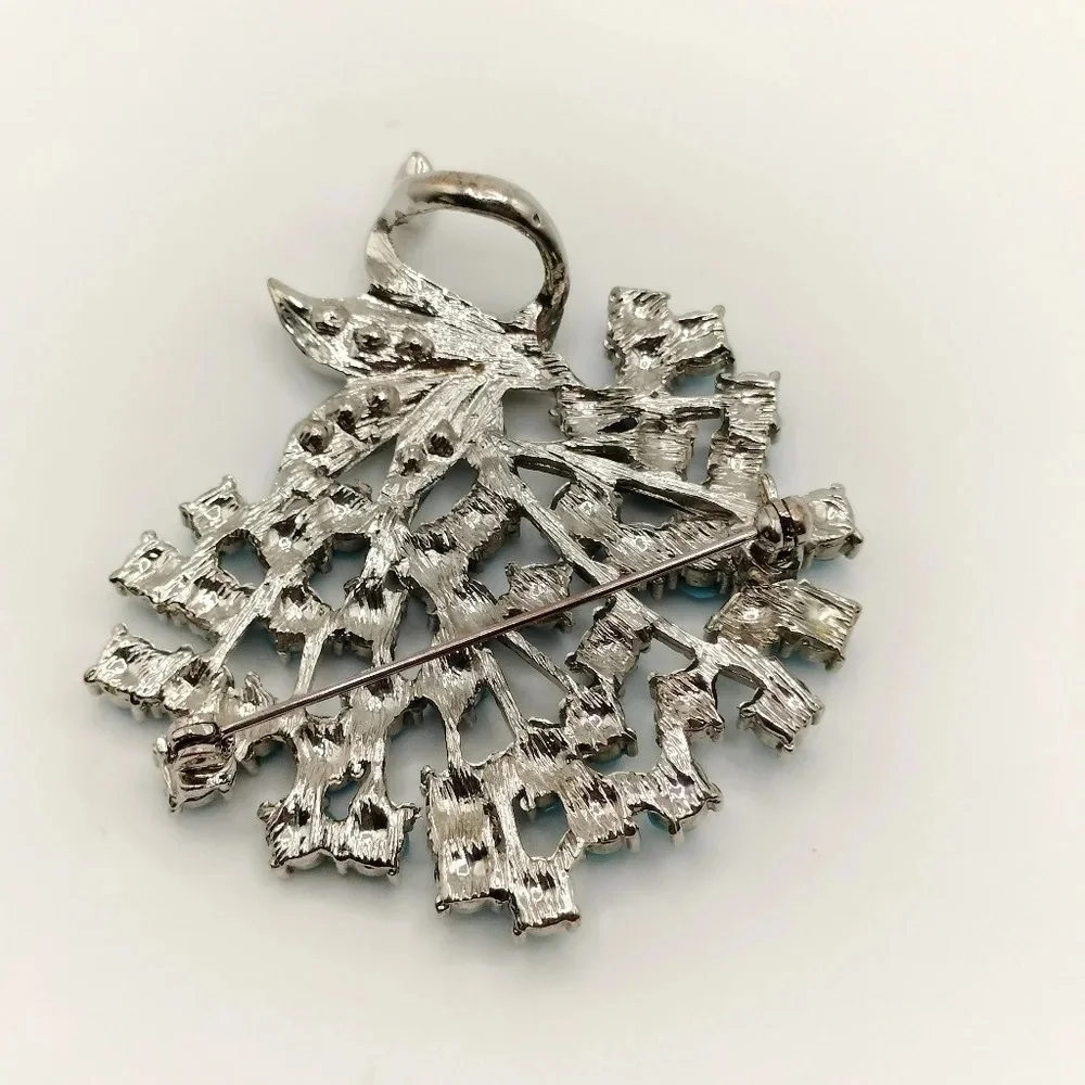 Silver Tone Blue Beading and Rhinestones Brooch 2